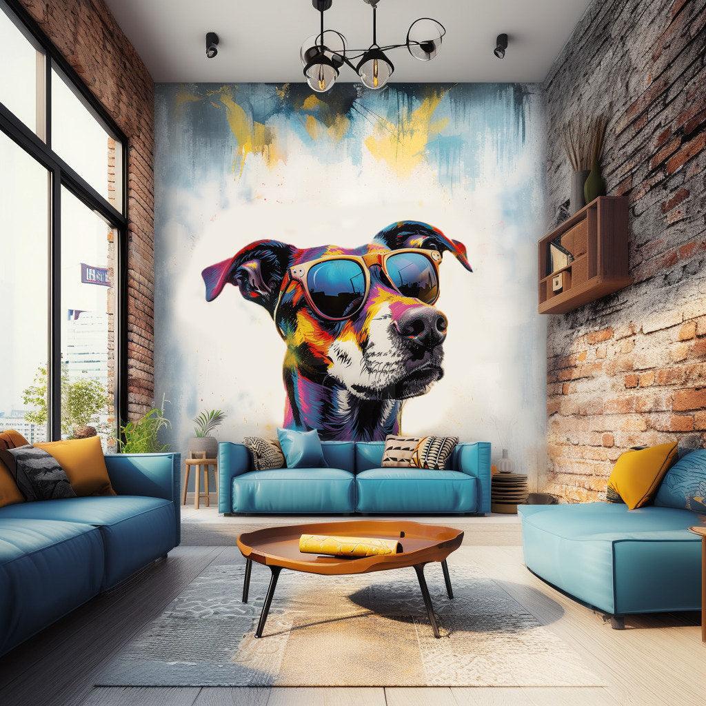 Playful watercolor border collie wall sticker wearing glasses in a modern living room decor.