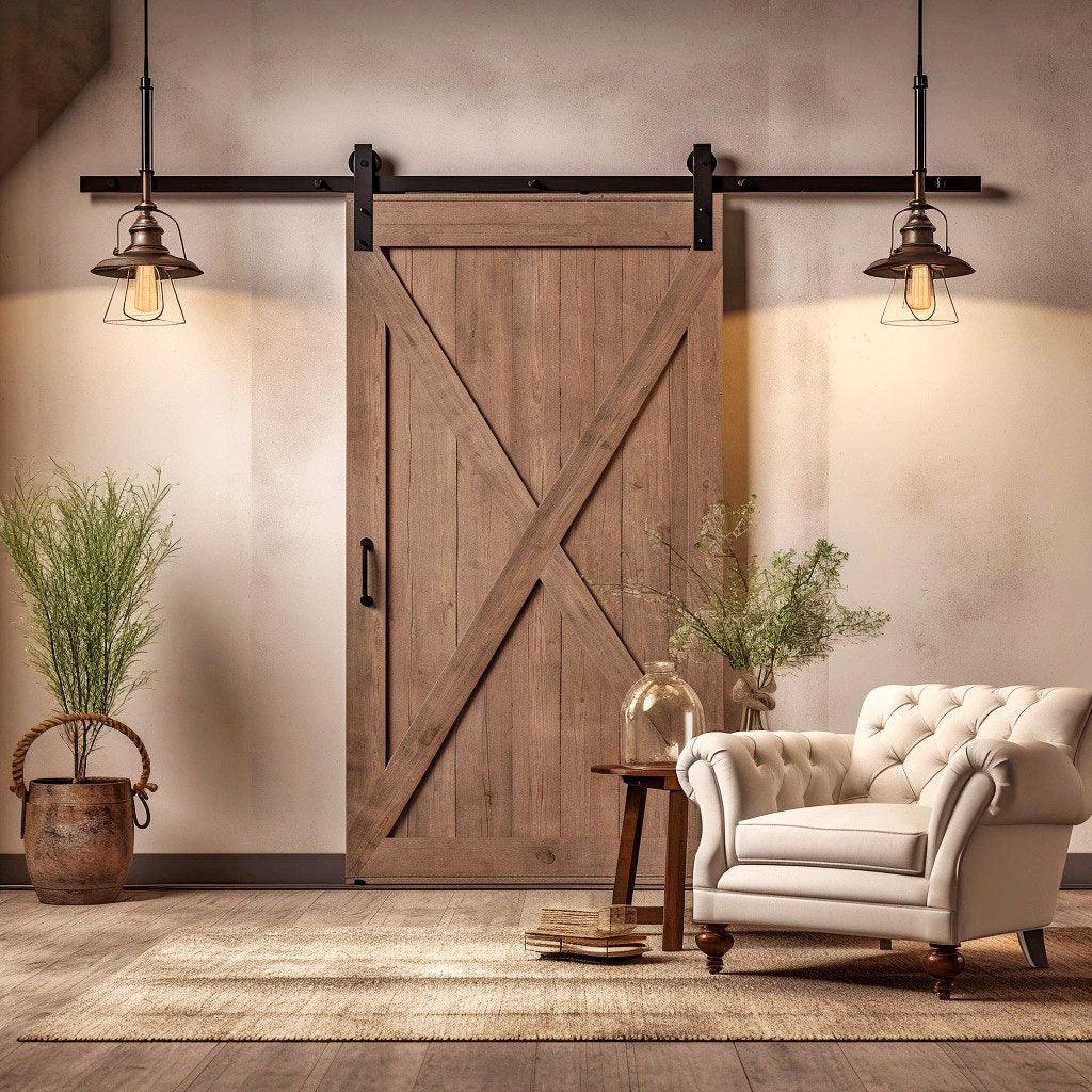 Rustic brown barn door wallpaper sticker decor in cozy room with modern furniture and warm lighting.