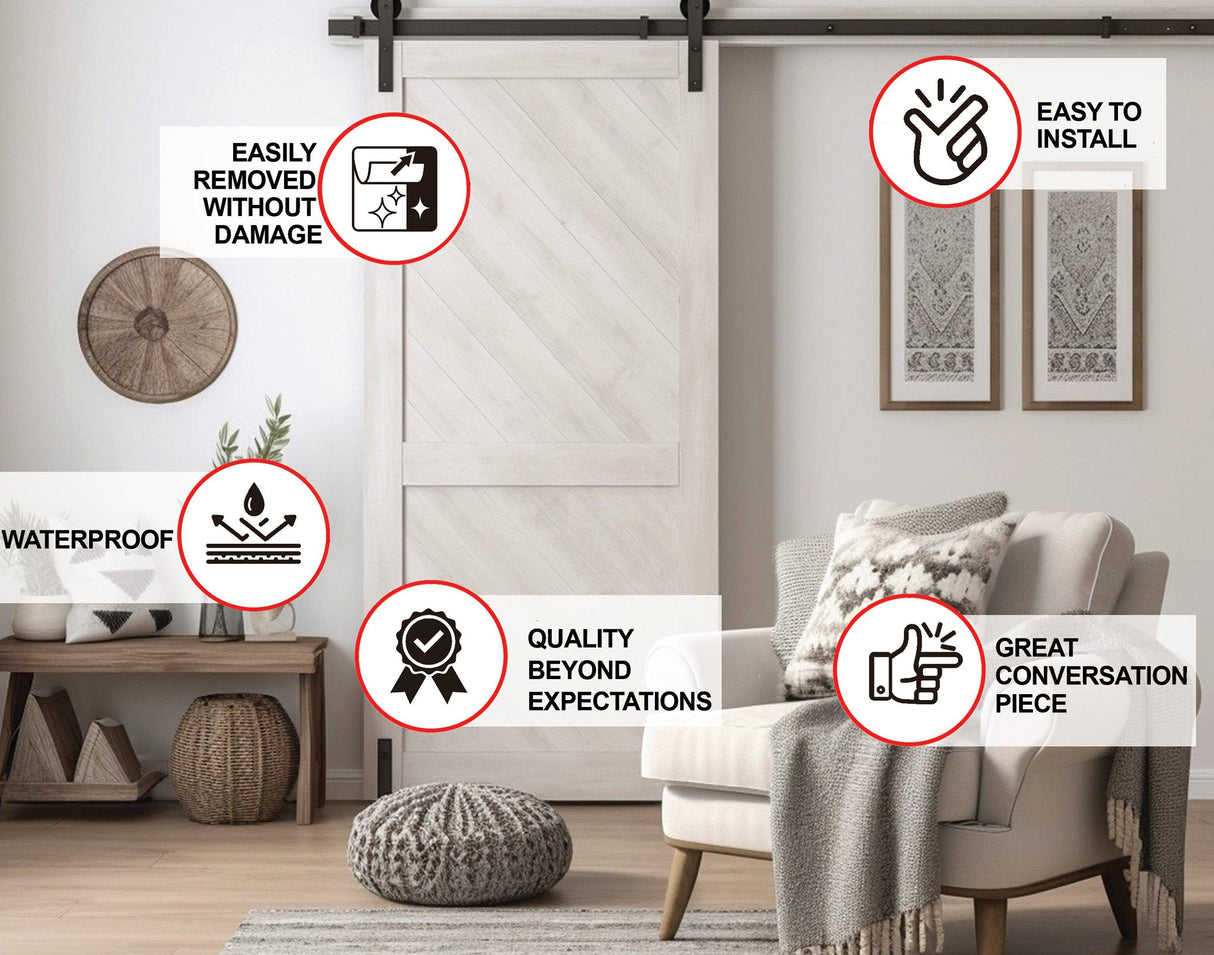 White Barn Door Wallpaper Decal showcasing features: easy installation, waterproof, and easily removable without damage.