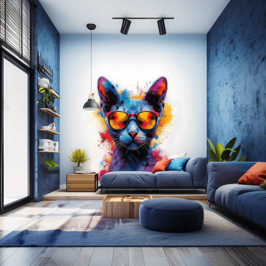 Colorful watercolor cat wall decal with glasses in modern living room setting, vibrant decor for kid's spaces.