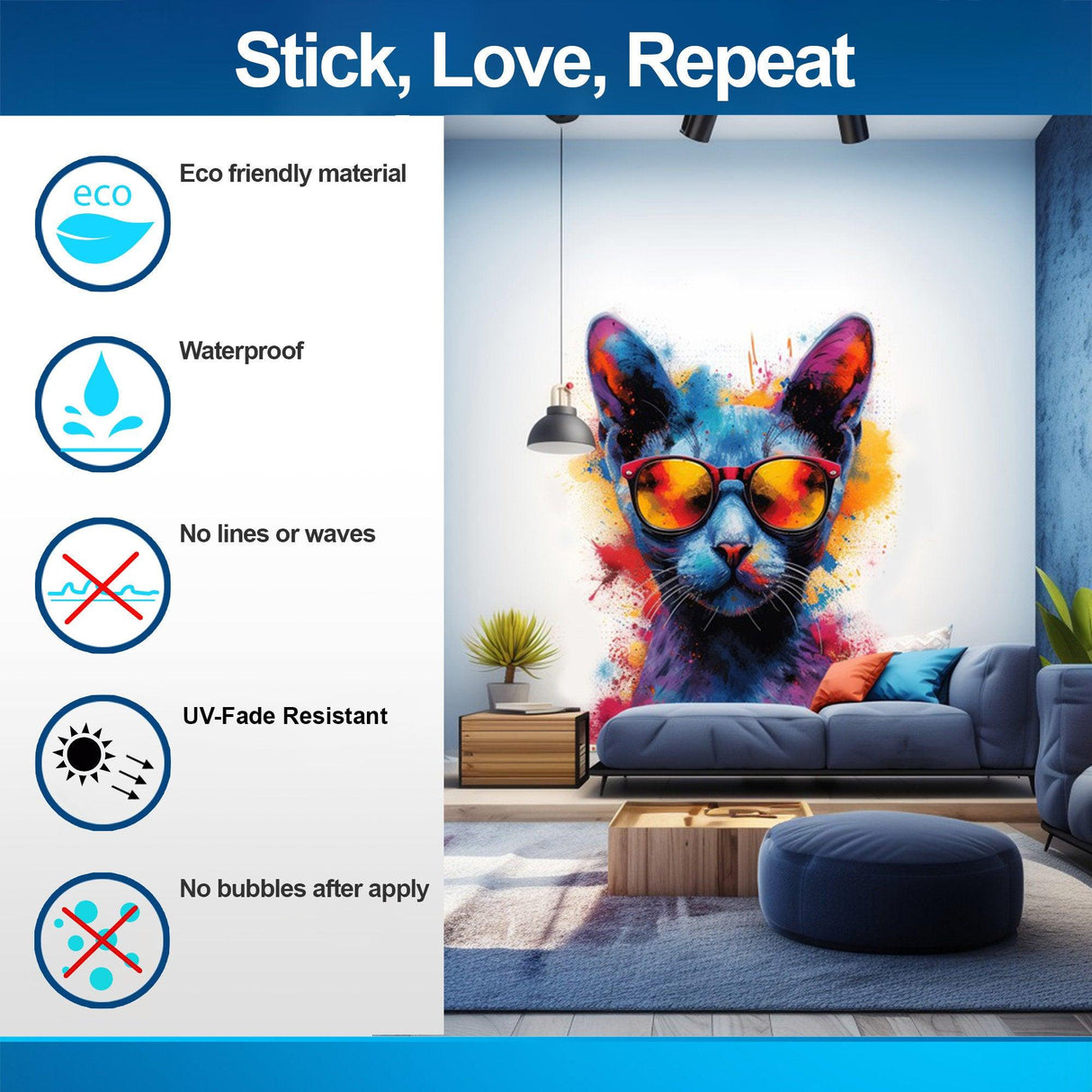 Colorful watercolor cat wall decal with glasses in a stylish room, showcasing eco-friendly and waterproof features.