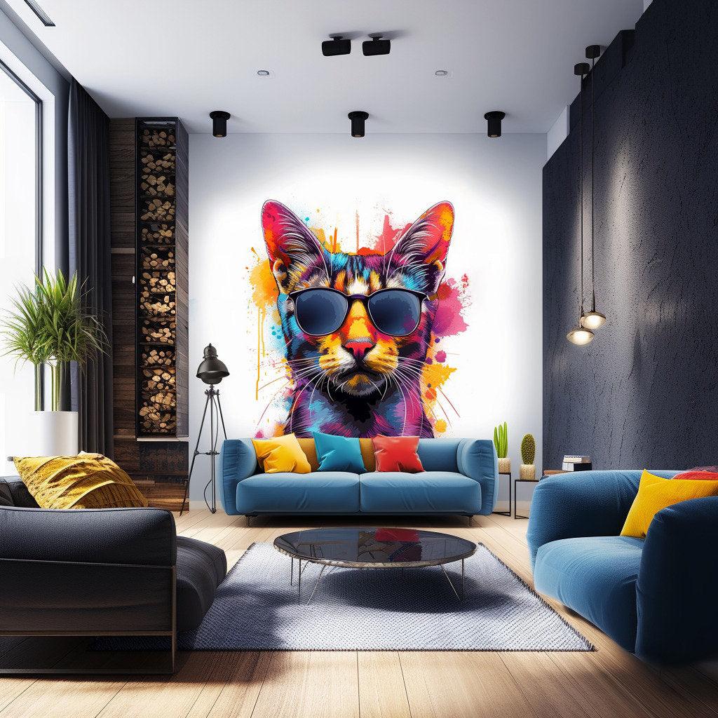 Colorful watercolor cat wall decal with sunglasses in a modern living room decor