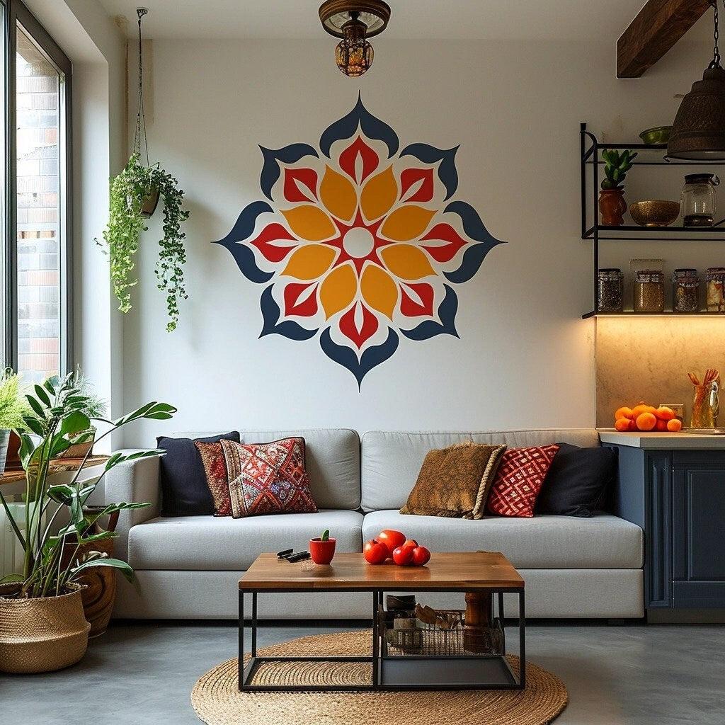 Vibrant mandala wall sticker in a cozy living room, enhancing meditation and yoga space decor.