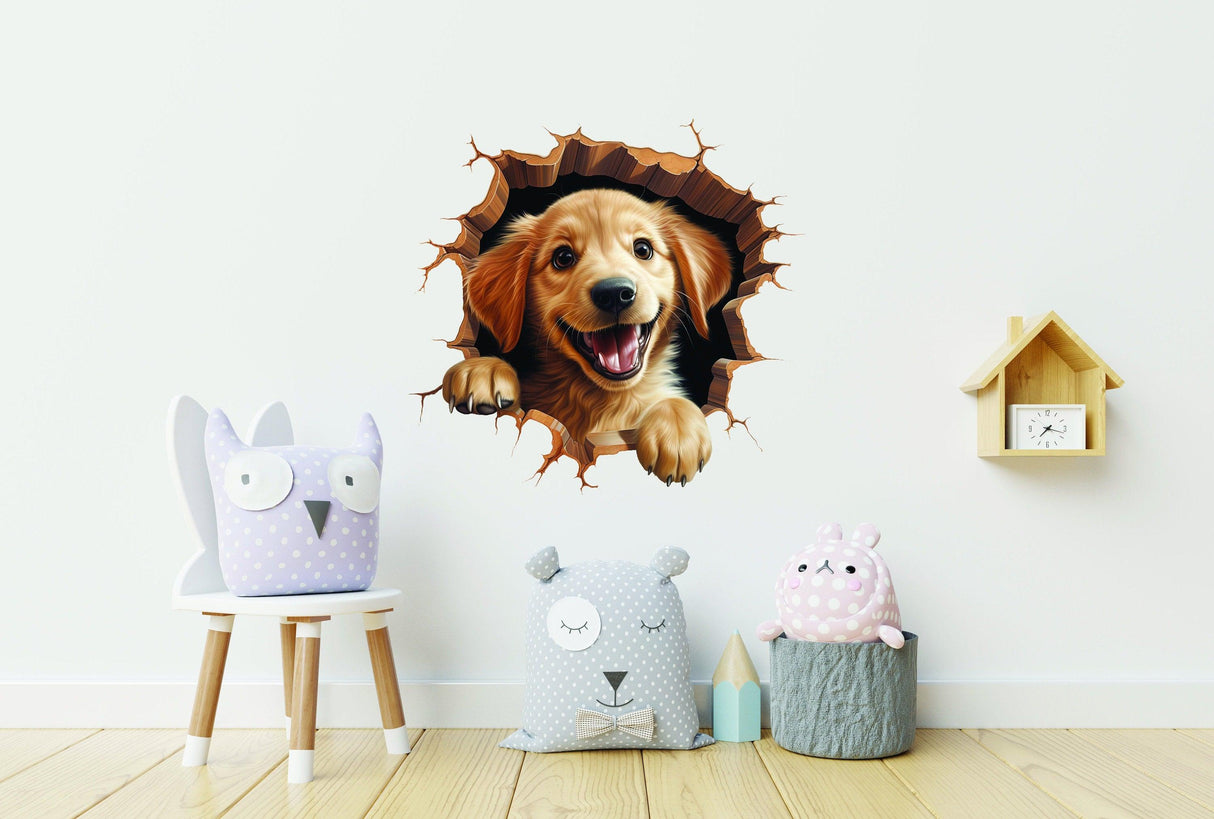 3D dog art wall sticker depicting a golden retriever breaking through a cracked wall, perfect for home decor.