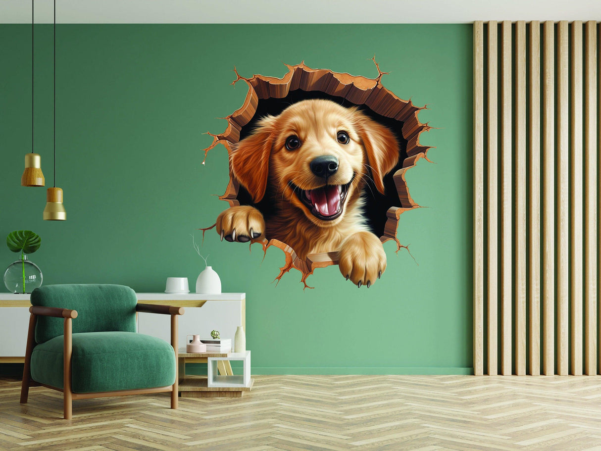 3D dog art wall sticker with a golden retriever emerging from a cracked wall in a stylish room.