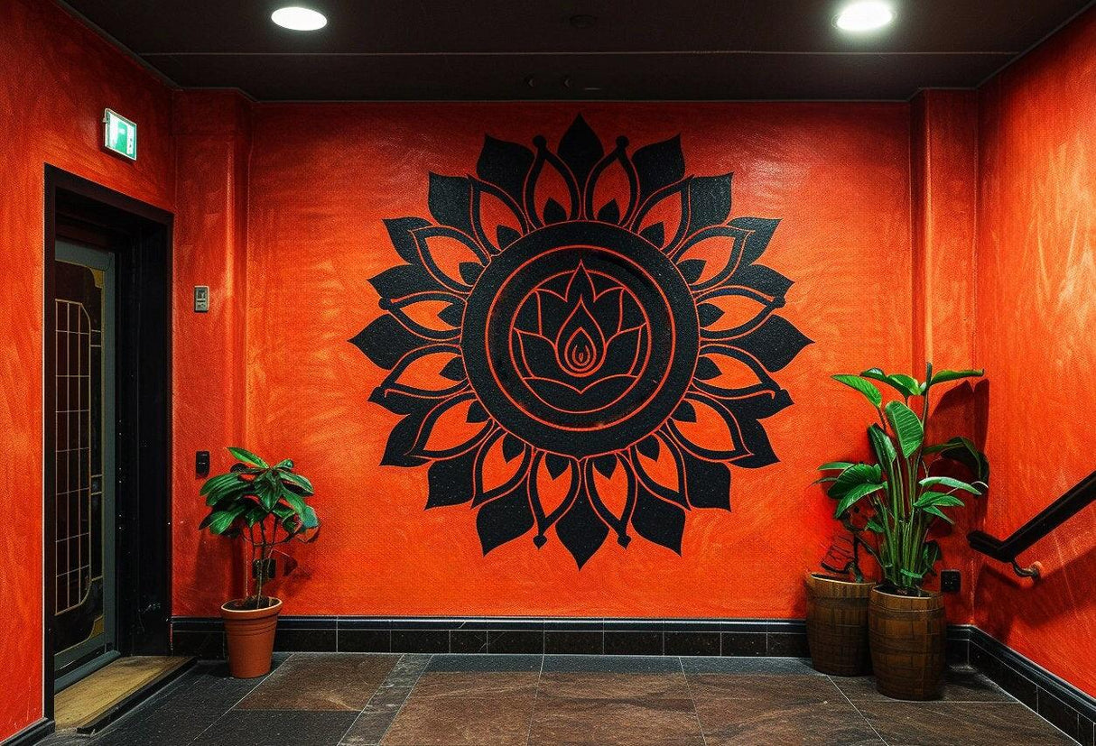 Vibrant orange wall with a large black mandala design, featuring a lotus, in a contemporary indoor space.