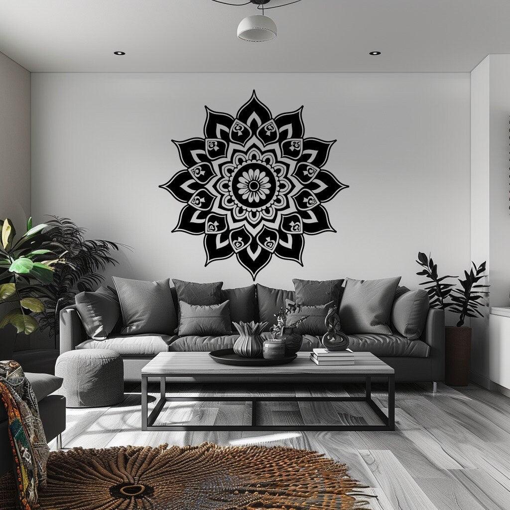 Sacred Geometry Mandala wall art decal in a modern living room, enhancing a tranquil atmosphere with a black and white design.