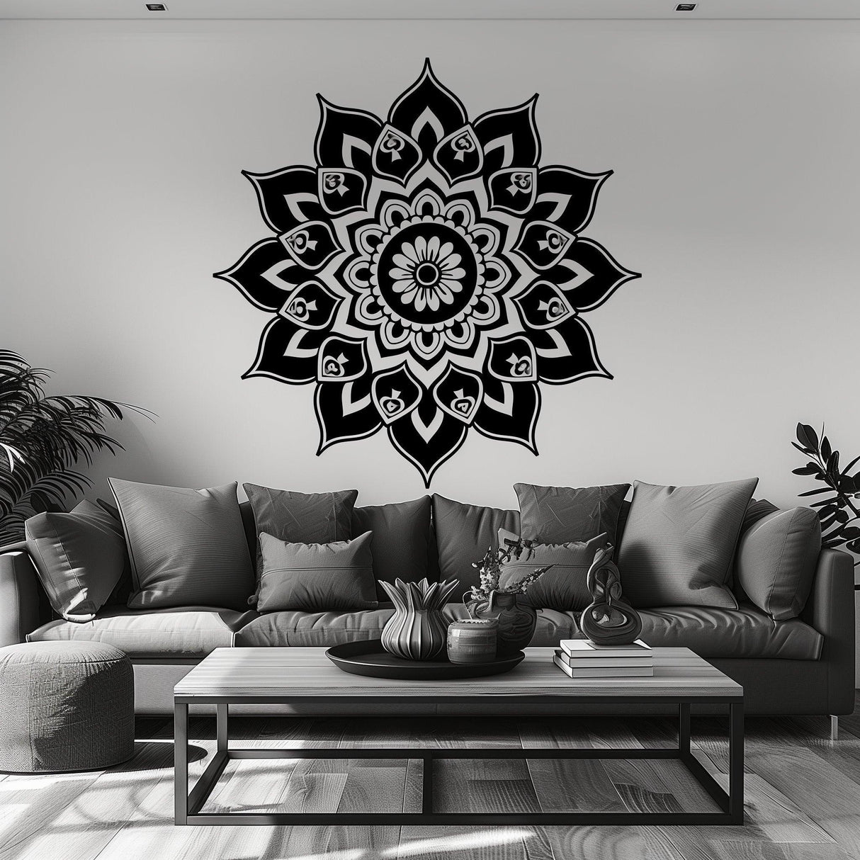 Sacred geometry mandala wall art decal in a modern living room setting, enhancing spirituality and tranquility.
