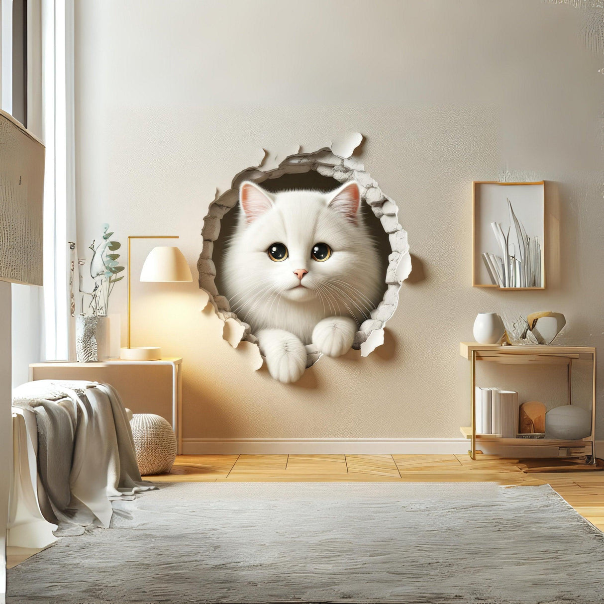3D cute white cat wall sticker creating a playful illusion in a modern nursery decor.
