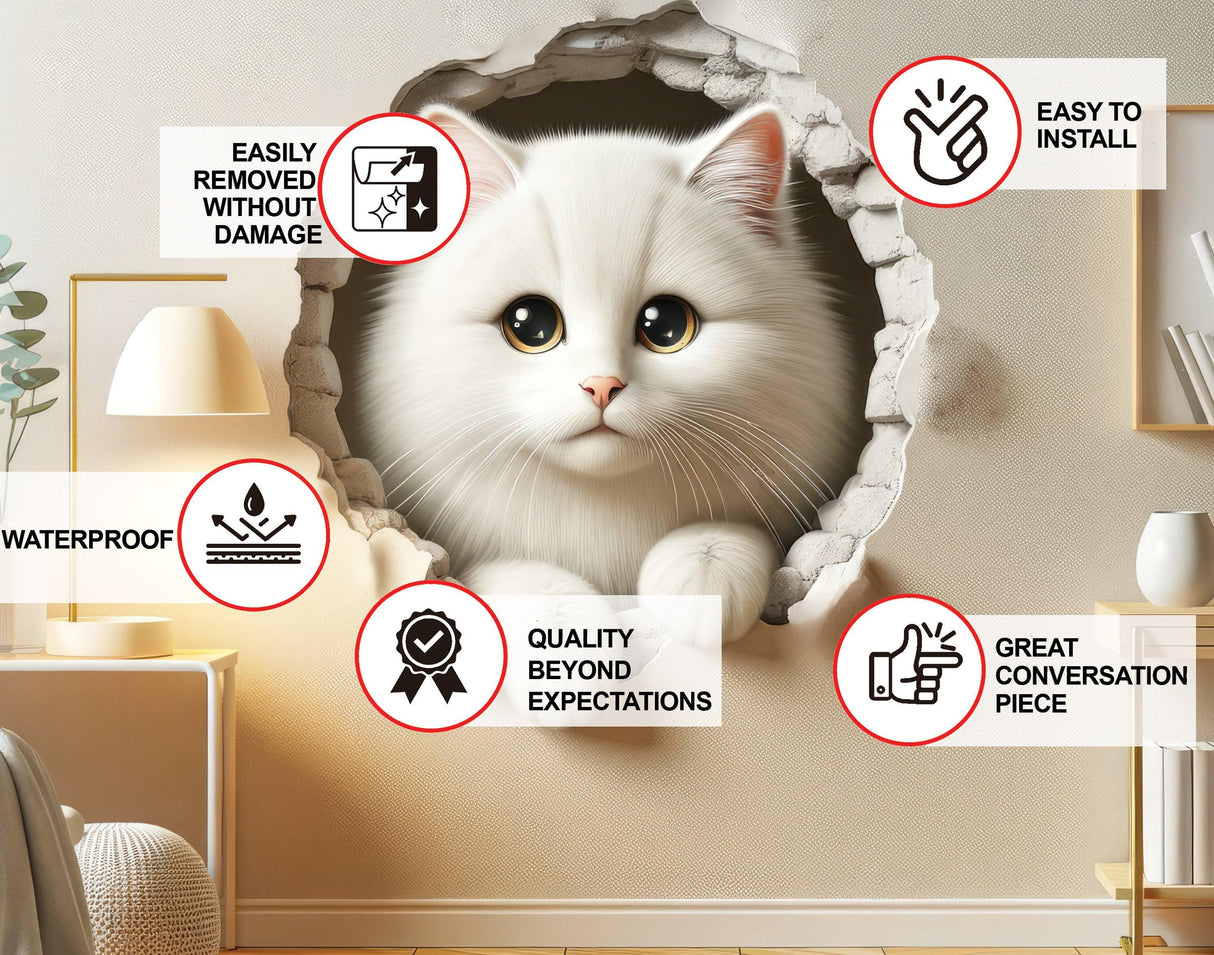 3D cute white cat wall sticker in a living room, showcasing features like easy installation and waterproof quality.