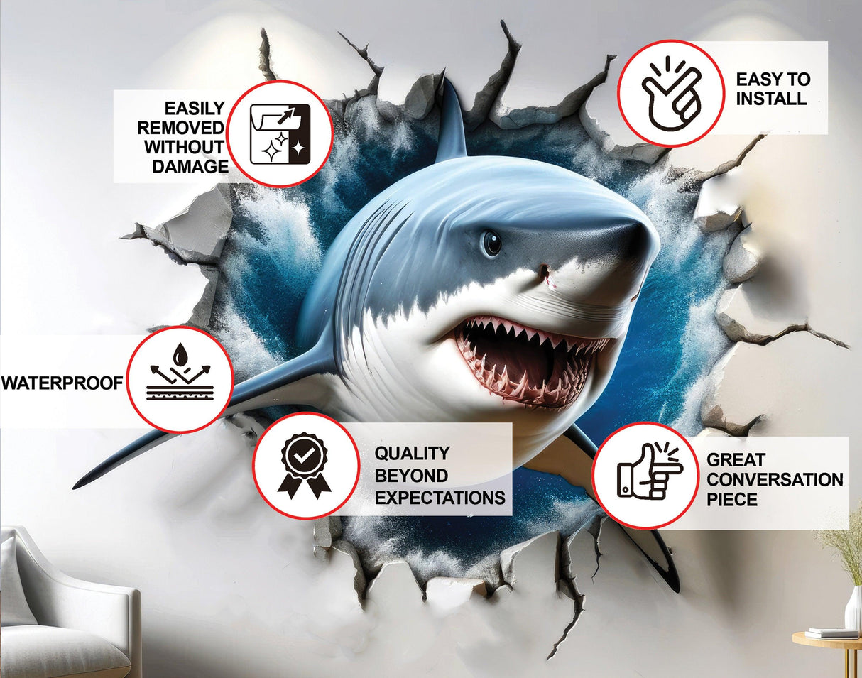 3D Great White Shark wall sticker bursting through wall with installation features and benefits listed.