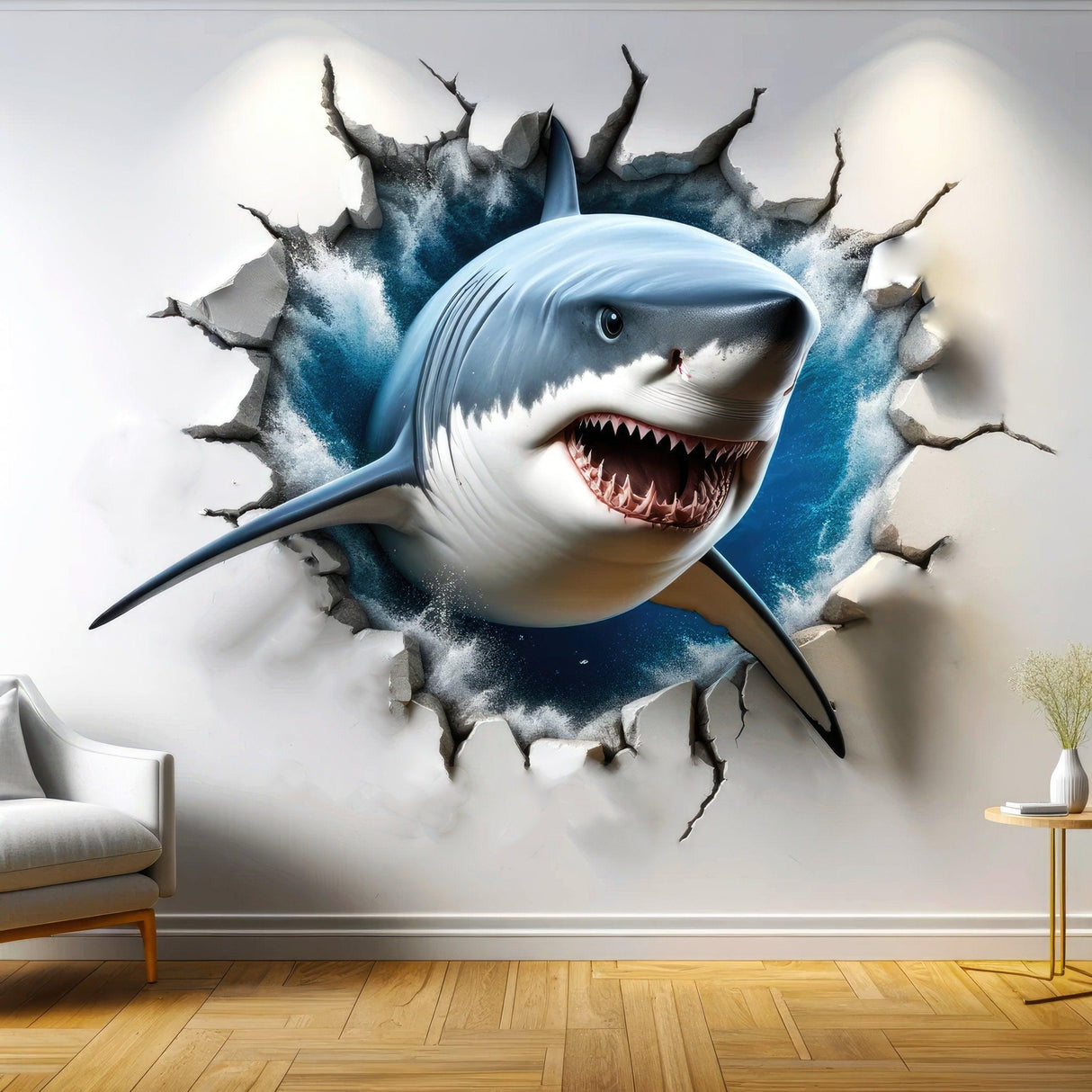 Realistic 3D Great White Shark wall sticker bursting through the wall for unique room decor.