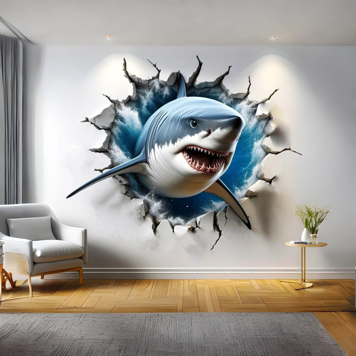 3D Great White Shark wall sticker bursting through wall, realistic shark wall decal for unique room decor.