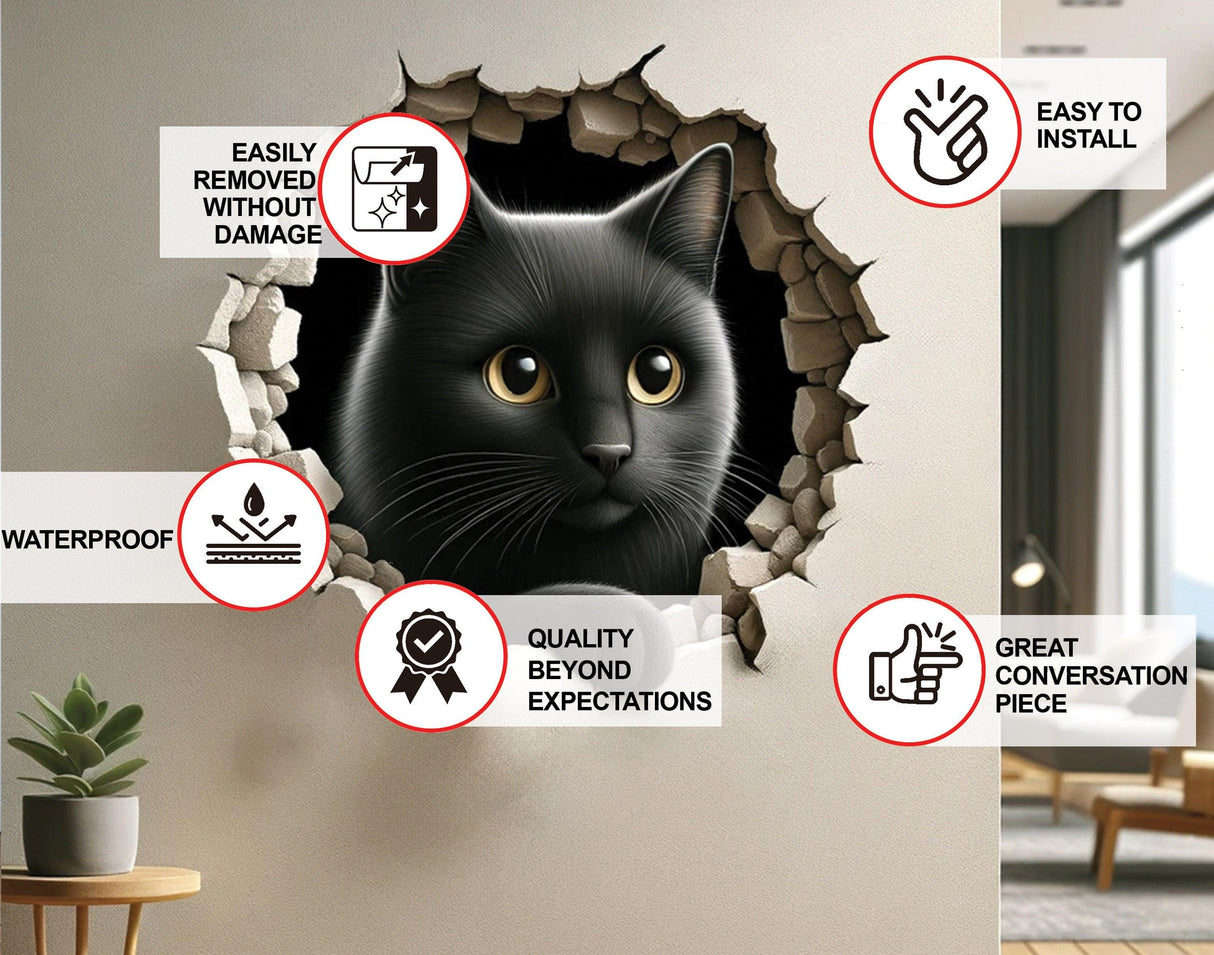 3D cat wall sticker in a cracked wall design with installation benefits and features highlighted.