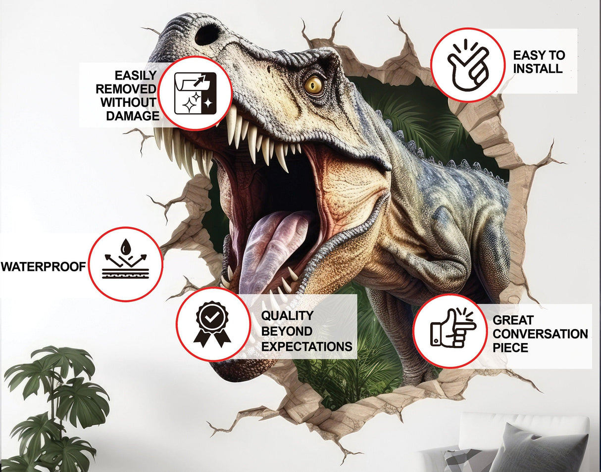 3D dinosaur wall sticker featuring a T-Rex in a broken wall design with installation and quality features highlighted.