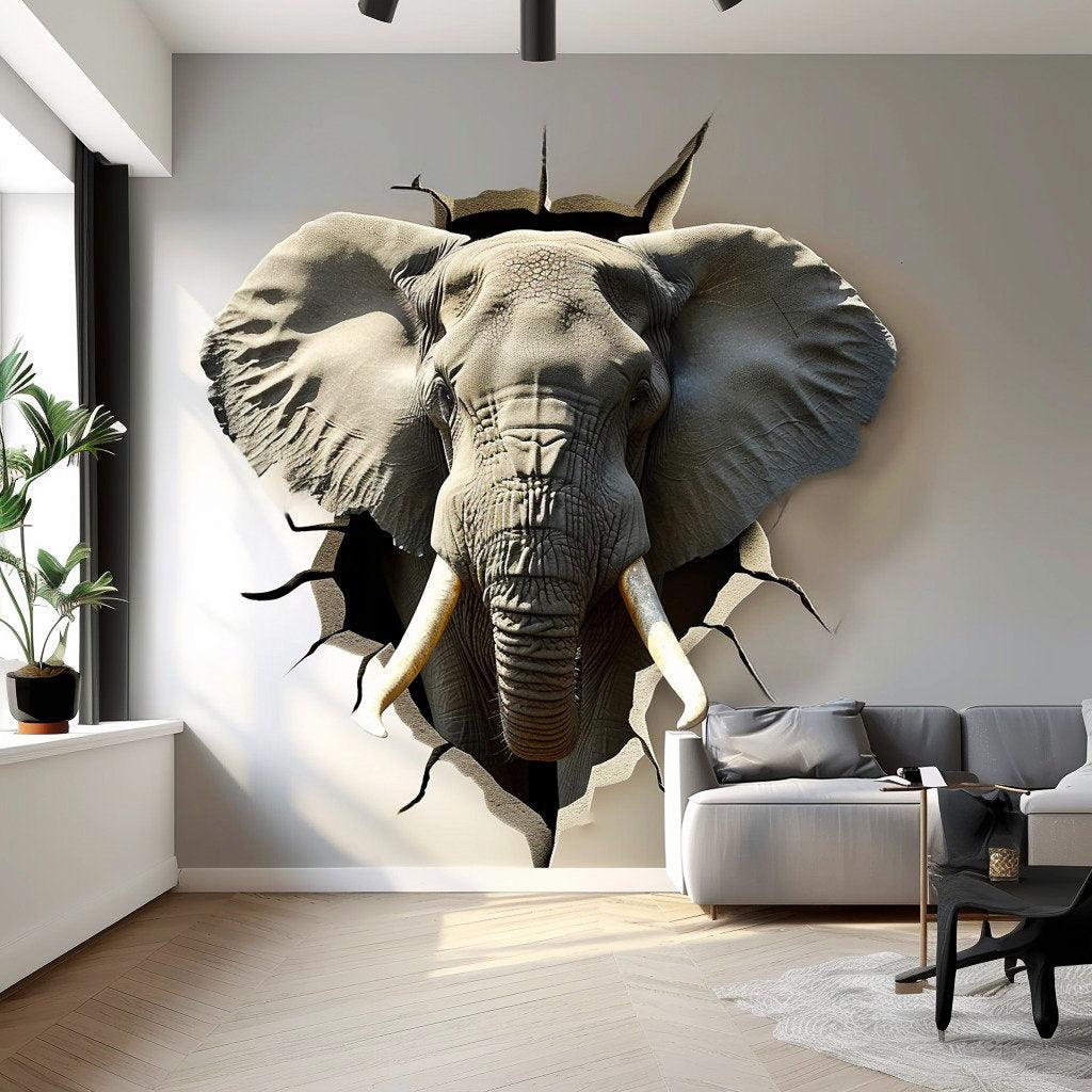 Realistic 3D elephant head wall sticker creating a broken wall illusion in a modern living room.