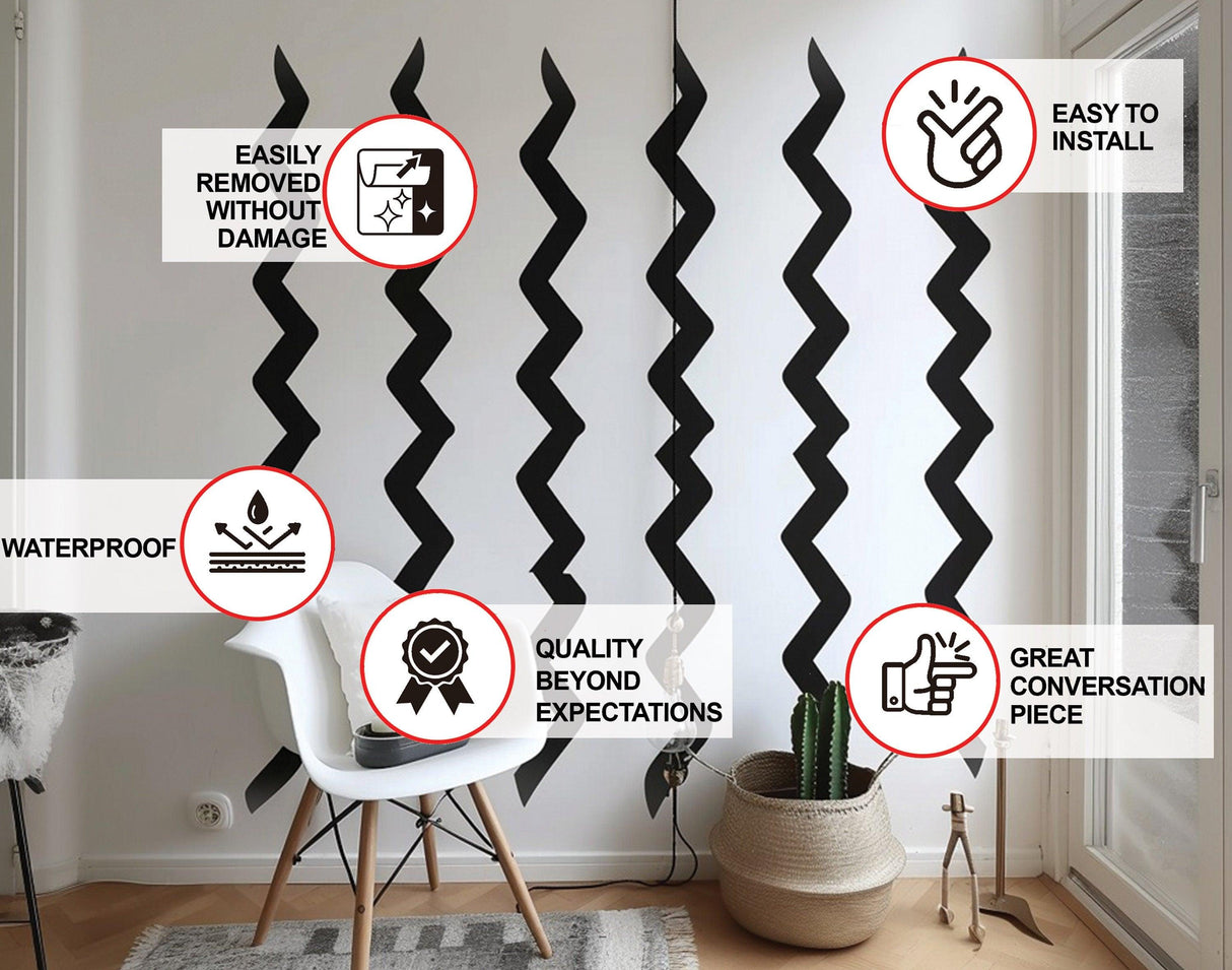 Modern black zigzag wall stickers on a white wall, showcasing waterproof, easy installation, and quality features.