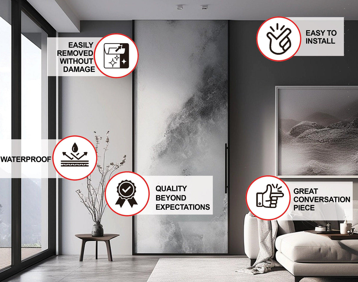 Contemporary Smoky Glass Door Sticker features easy installation, waterproof design, and removable without damage for modern decor.