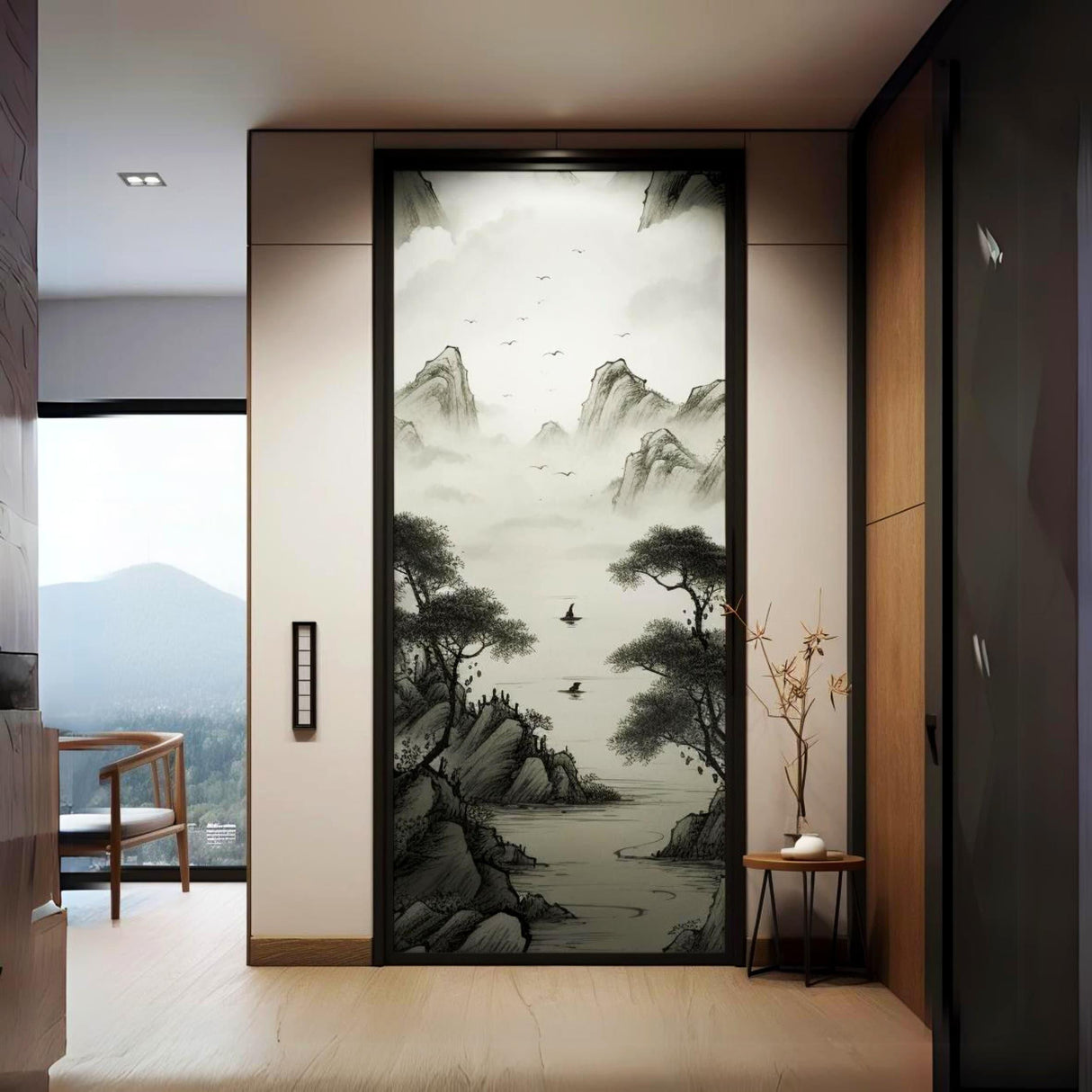 Contemporary smoky glass door sticker with abstract gradient and East Asian art-inspired landscape design.