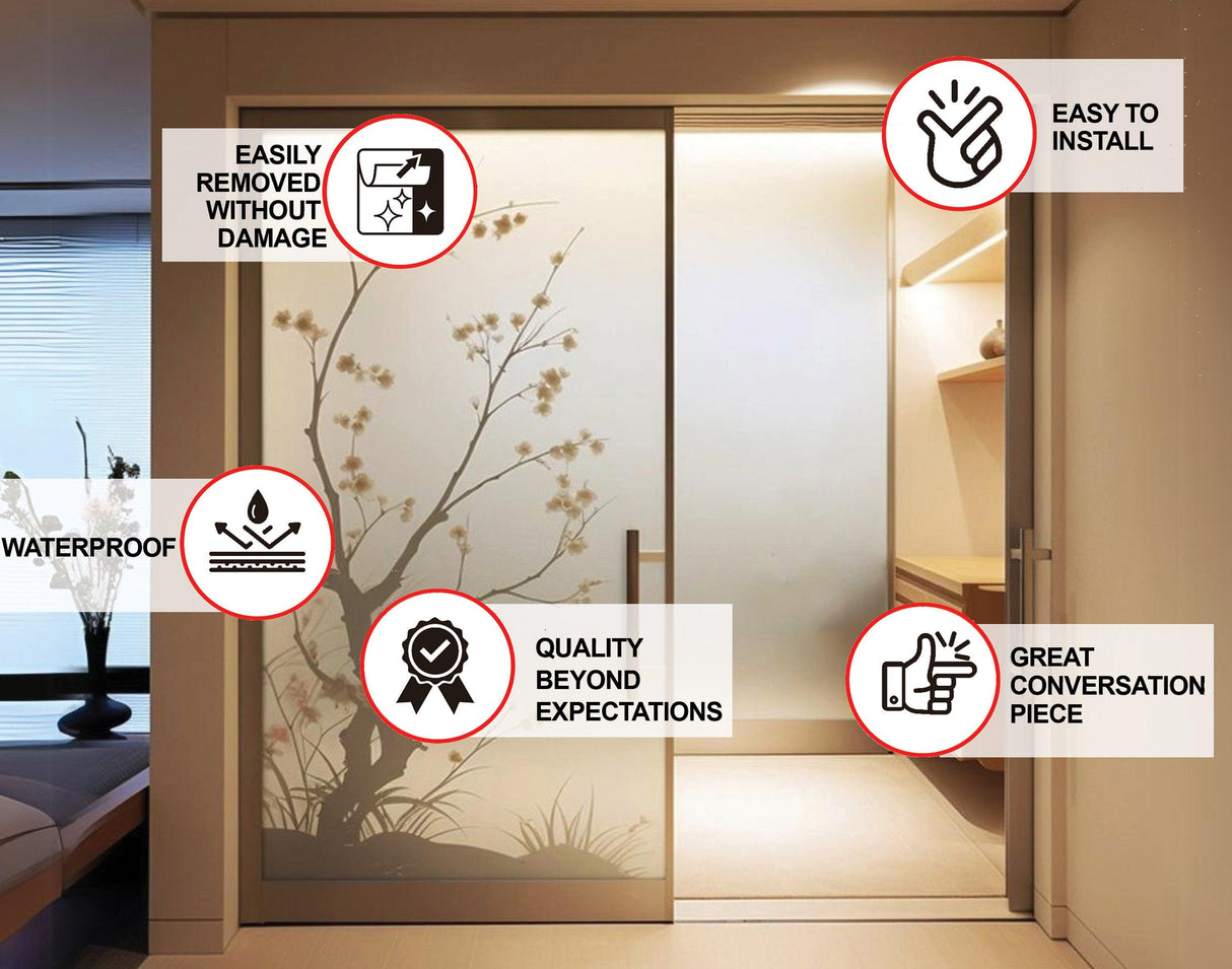Features of frosted black cherry blossom decal for glass doors, highlighting easy installation, waterproof quality, and removable design.