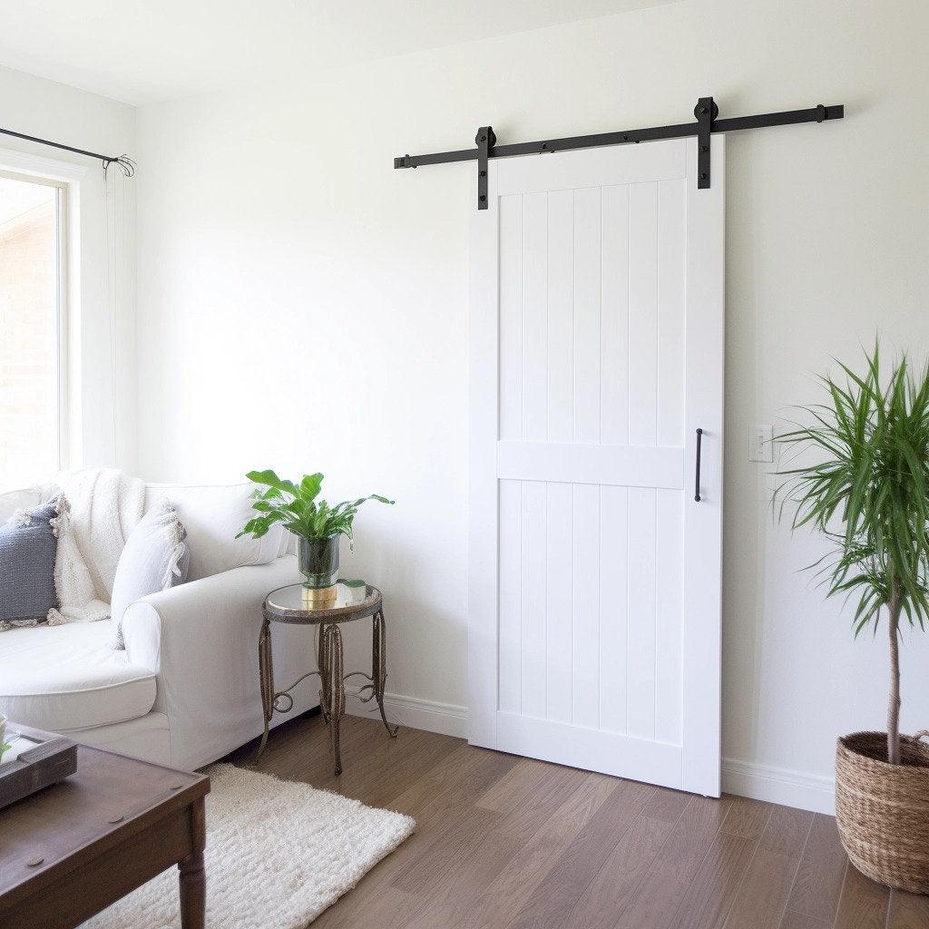 White rustic barn door in a bright living room with a cozy sofa and potted plant, adding rustic charm to the decor.