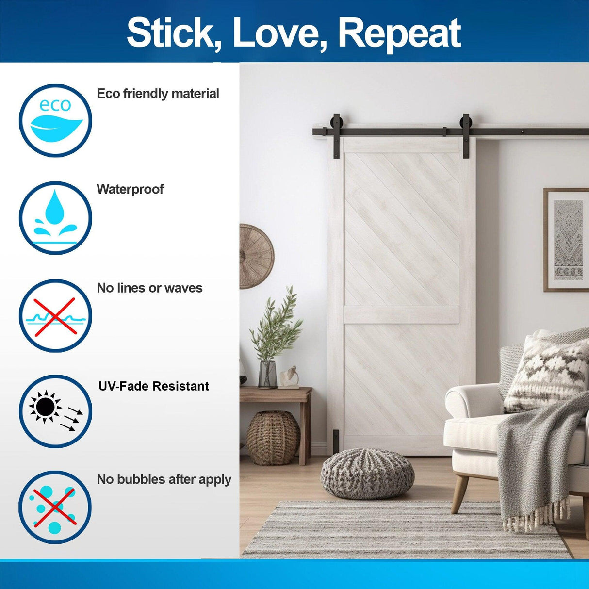 Features of White Barn Door Wallpaper Decal: eco-friendly, waterproof, UV-resistant, with easy application.