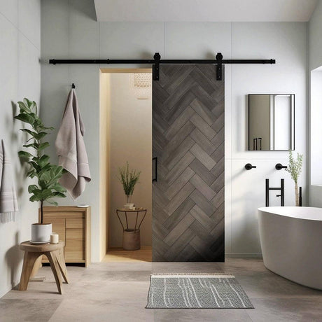 Modern bathroom featuring a sliding herringbone barn door design with a cozy decor and plants.