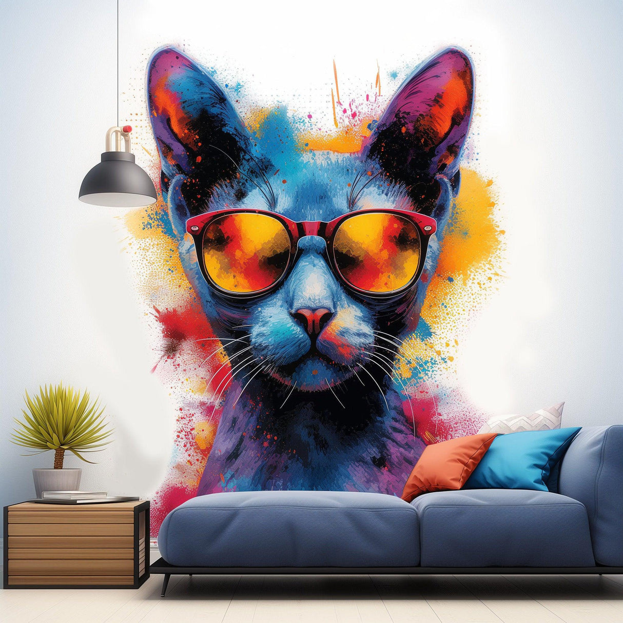 Vibrant watercolor cat wearing sunglasses wall decal, colorful kitten decor for children's room.
