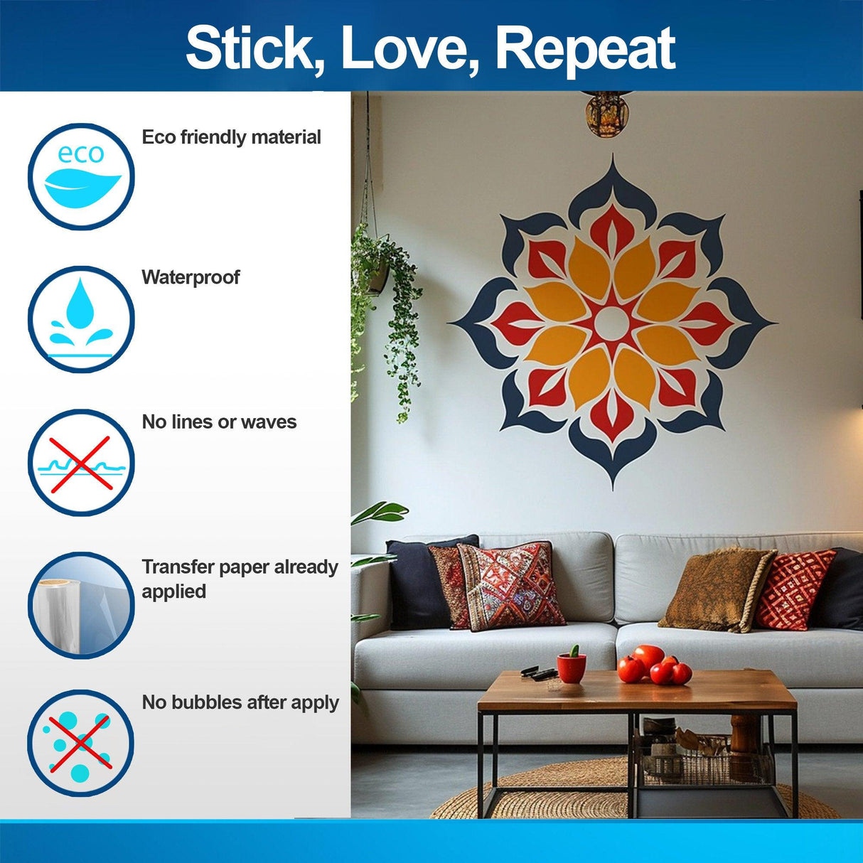 Vibrant mandala wall sticker in living room, showcasing eco-friendly, waterproof, and easy application features.