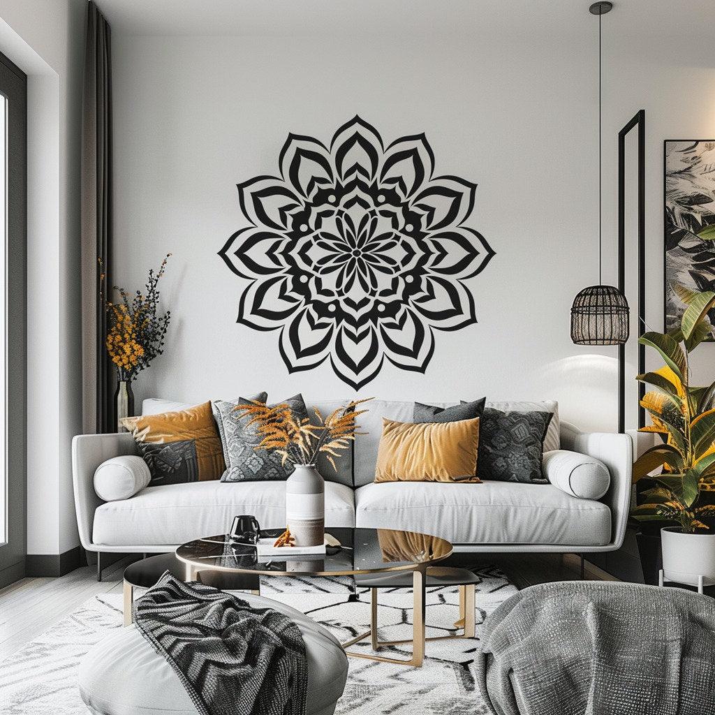 Elegant black mandala wall sticker in modern living room with cozy sofa and decorative pillows.