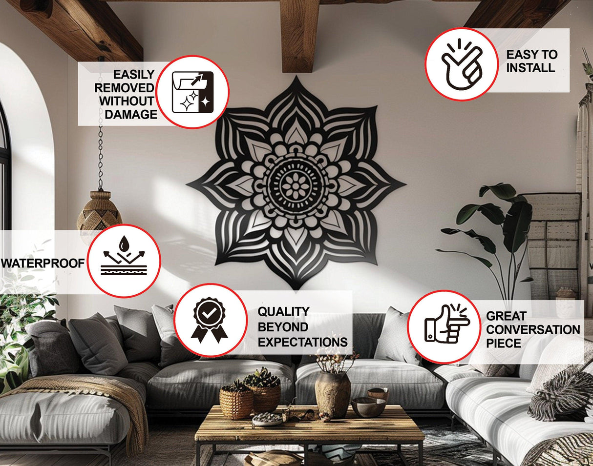 Boho mandala wall decal in a stylish living room, showcasing key features like waterproof, easy install, and removable without damage.