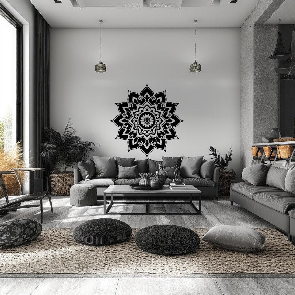 Sacred Geometry Mandala Wall Art Decal in a modern living room, enhancing tranquility and spiritual ambiance.