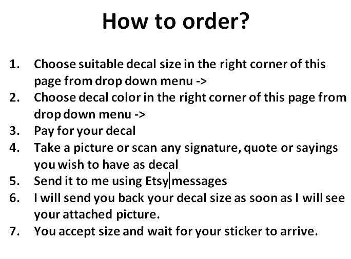 Instructions for ordering a custom personalized handwriting sticker via Etsy.
