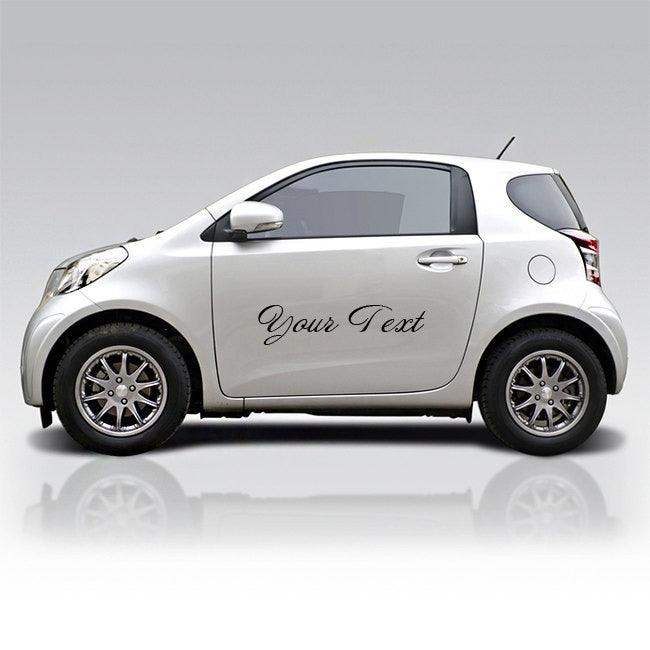Customizable vinyl sticker on a white car showcasing personalized text design for branding purposes.