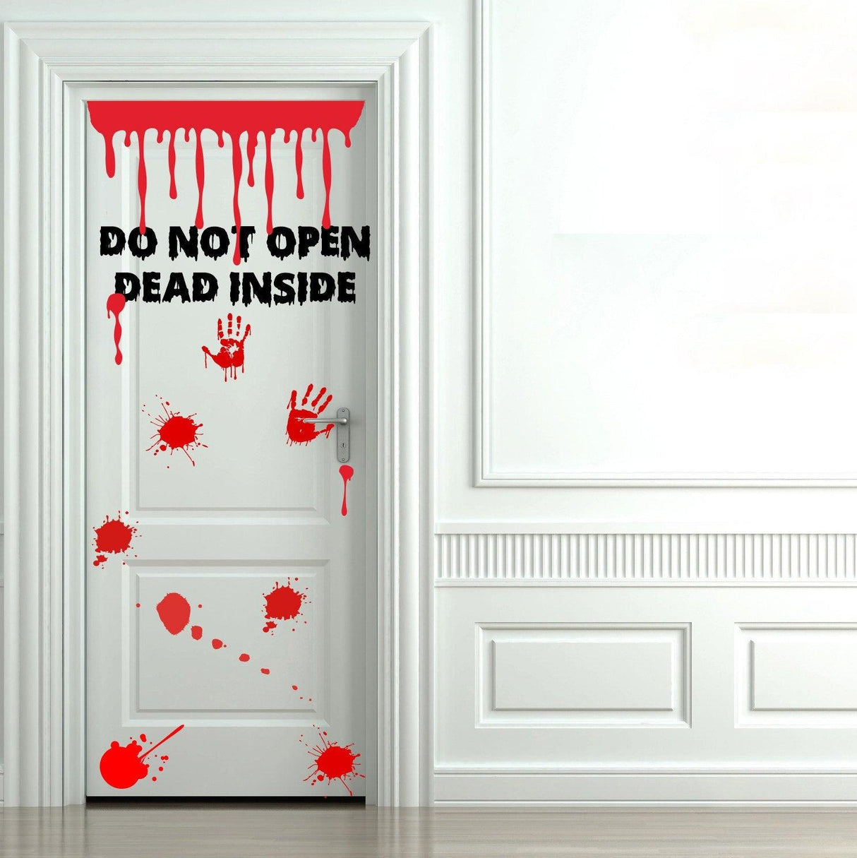 Zombie bathroom door sticker with blood splatters and warning message for Halloween decor.