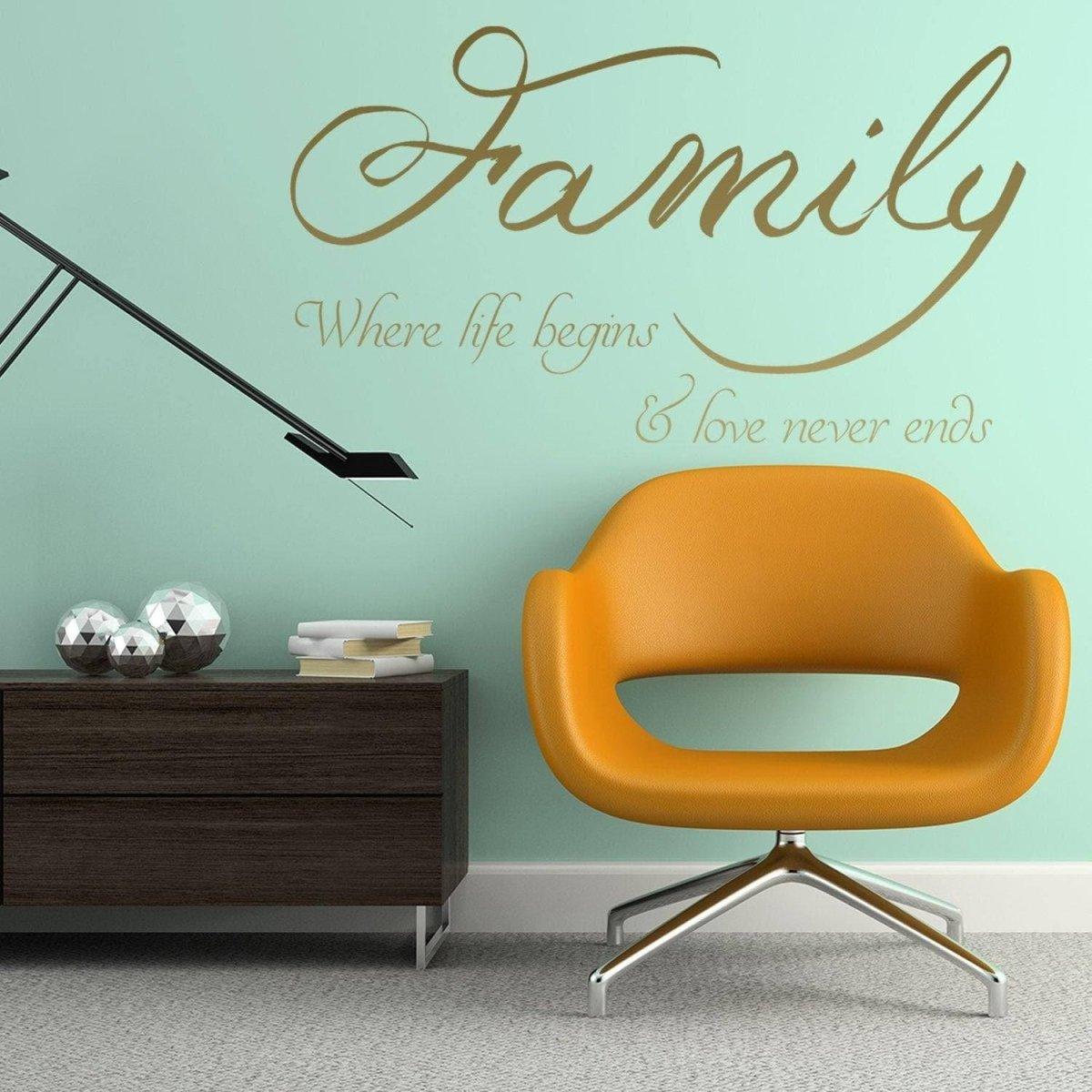 Motivational family wall decal on mint green wall, featuring quote about love and home decor.
