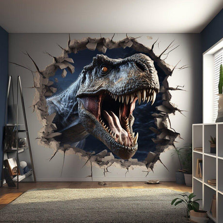 3D dinosaur wall decal with broken wall illusion effect in a kids' room, creating an adventurous atmosphere.