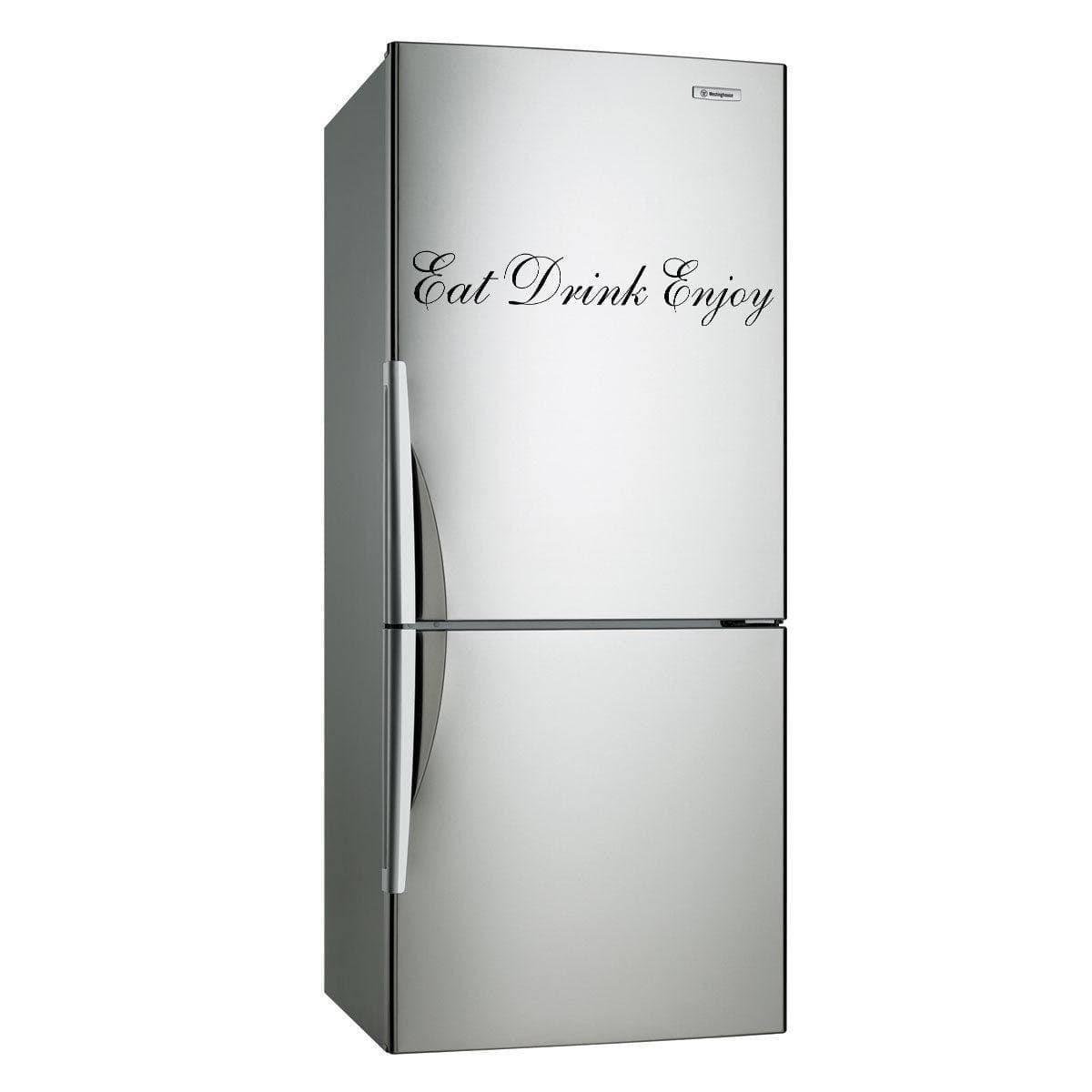 Elegant vinyl kitchen sticker saying 'Eat Drink Enjoy' on a modern stainless steel fridge.