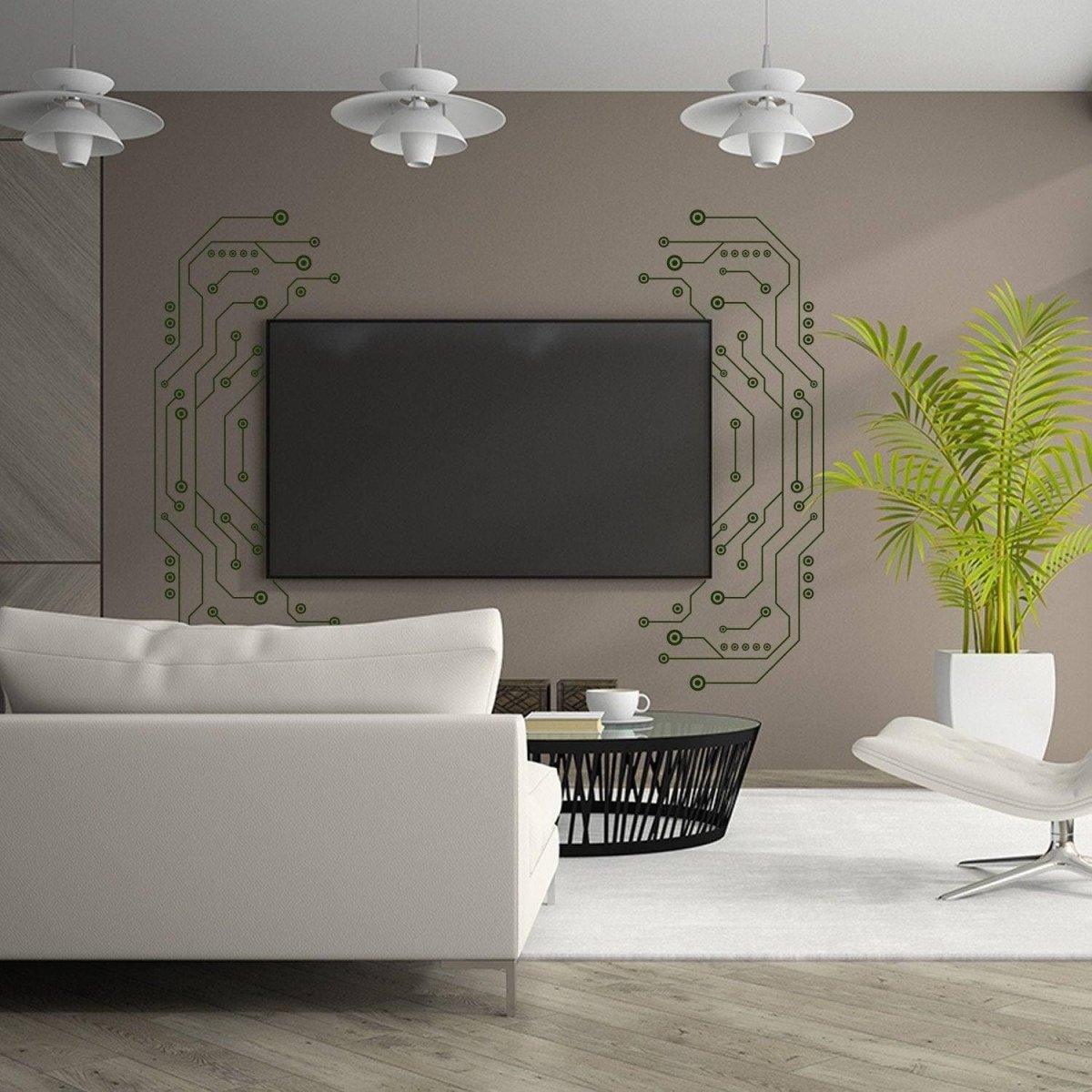 Modern living room with stylish TV wall vinyl decals, creating a chic and elegant atmosphere.