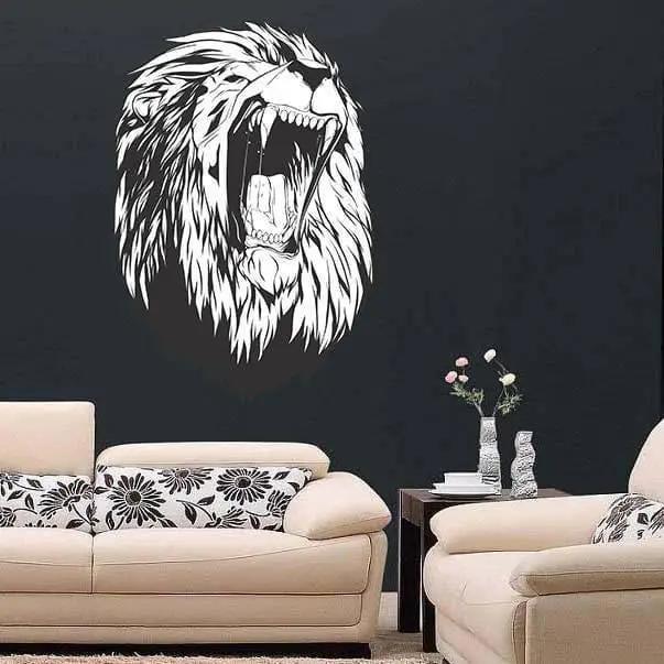 Lion wall decal sticker featuring a roaring lion's head, perfect for adding majesty to any room.