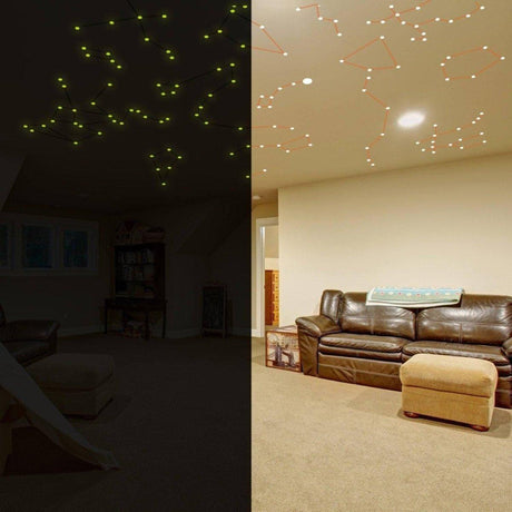 Glow-in-the-dark constellation decals on ceiling showcasing a starry night effect in a cozy living room.