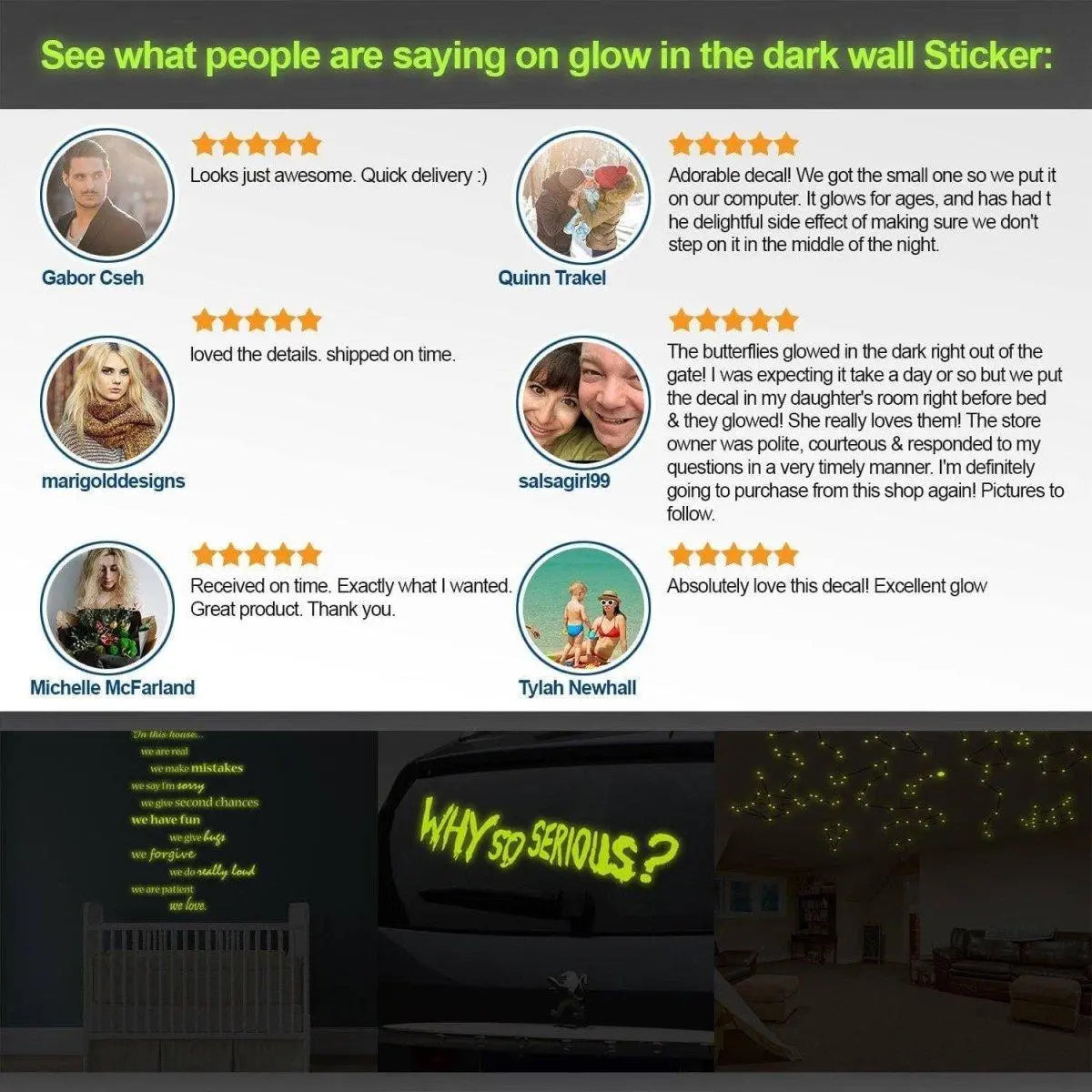 Customer reviews for glow in the dark wall sticker, highlighting satisfaction and product features.