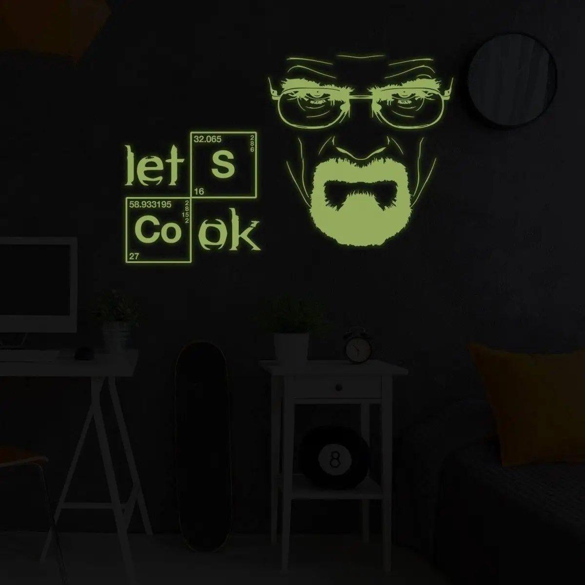 Breaking Bad glow-in-the-dark kitchen wall decal featuring 'let's cook' quote and iconic character design.