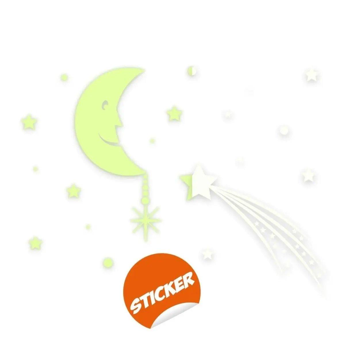 Glowing moon and stars wall sticker, perfect for transforming rooms with a magical night sky effect.