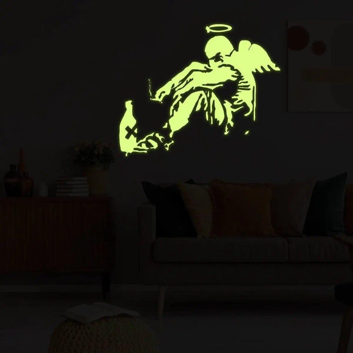 Glowing Guardian Angel wall sticker in luminescent green design on a dark wall, enhancing home decor with spiritual art.