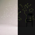 Glowing starry sky ceiling decal on a wall, showcasing luminous constellation stickers in dark lighting.