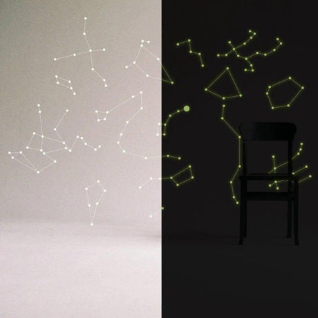 Glowing starry sky ceiling decal on a wall, showcasing luminous constellation stickers in dark lighting.