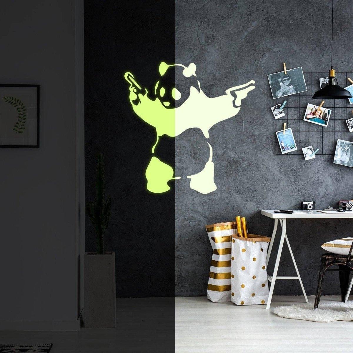Glowing panda wall decal holding guns in a modern urban decor setting, perfect for exciting wall art.