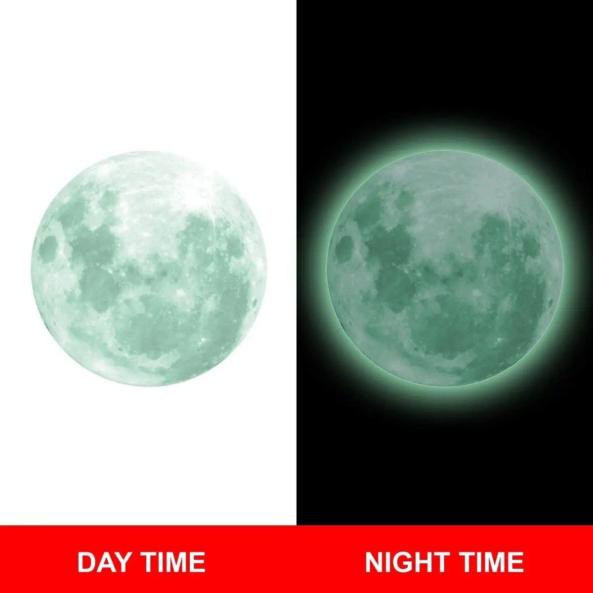 Glow in the dark full moon wall decal shown in daytime and nighttime with luminous green glow effect.