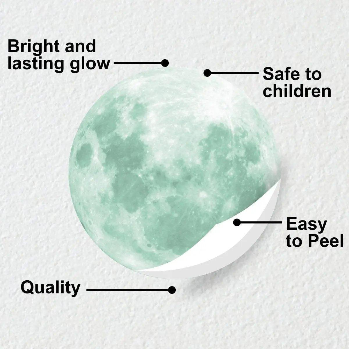 Luminous glow-in-the-dark moon wall decal with features: bright glow, child-safe, easy to peel, and quality design.